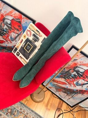 Fashion Nova Over-the-Knee Suede Boots in Teal Green
